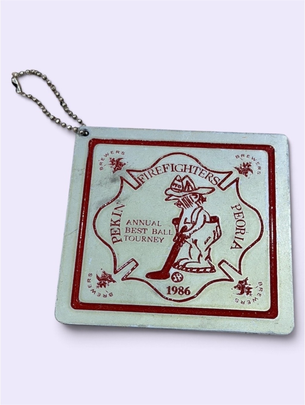 1986 Pekin Firefighters Annual Best Ball Tourney Keychain Metal Golf Bag Tag